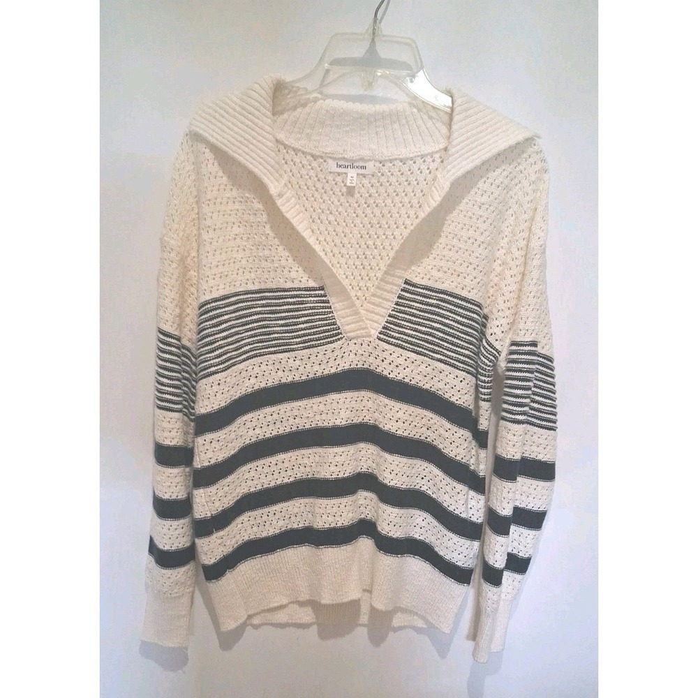 Heartloom Women's Medium Crochet Pullover Sweater Boho Retro Cream Navy Blue Top